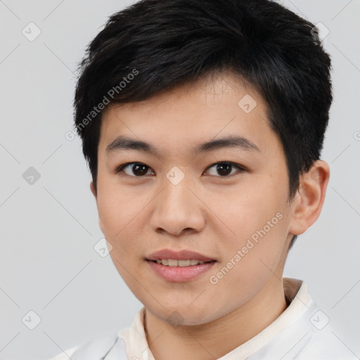 Joyful asian young-adult male with short  black hair and brown eyes