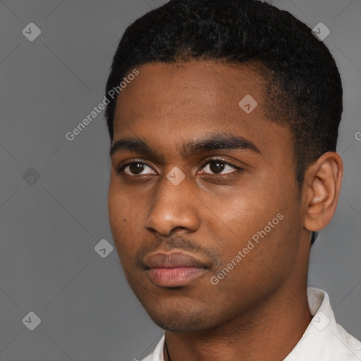 Neutral black young-adult male with short  black hair and brown eyes