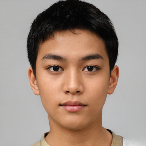 Neutral asian young-adult male with short  black hair and brown eyes