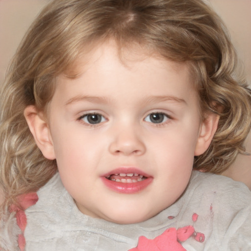 Joyful white child female with medium  brown hair and blue eyes