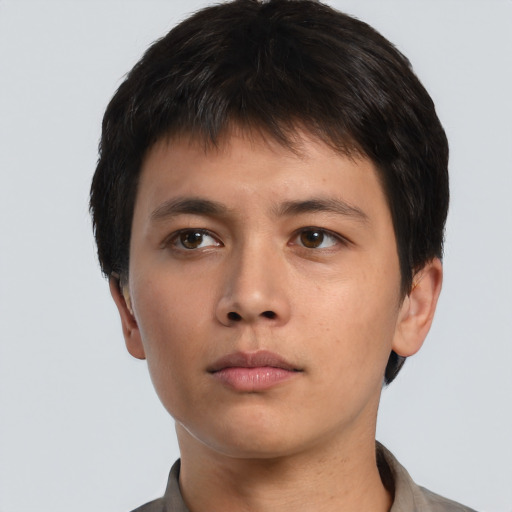 Neutral asian young-adult male with short  brown hair and brown eyes