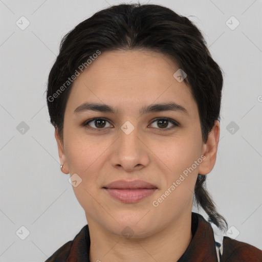 Joyful white young-adult female with medium  brown hair and brown eyes