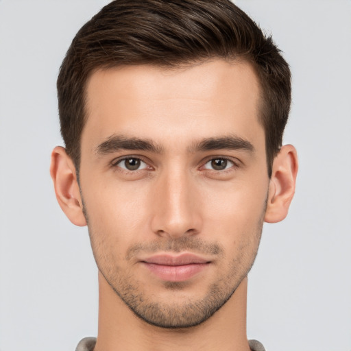 Neutral white young-adult male with short  brown hair and brown eyes