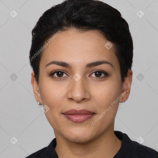 Joyful latino young-adult female with short  black hair and brown eyes