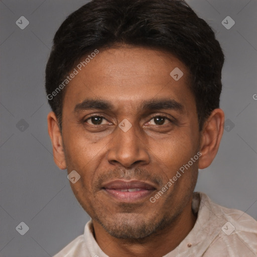 Joyful white adult male with short  black hair and brown eyes
