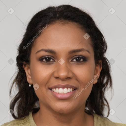 Joyful black young-adult female with medium  brown hair and brown eyes