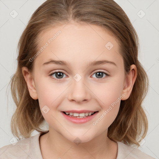 Joyful white child female with medium  brown hair and brown eyes