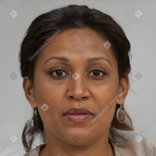 Joyful black adult female with medium  brown hair and brown eyes