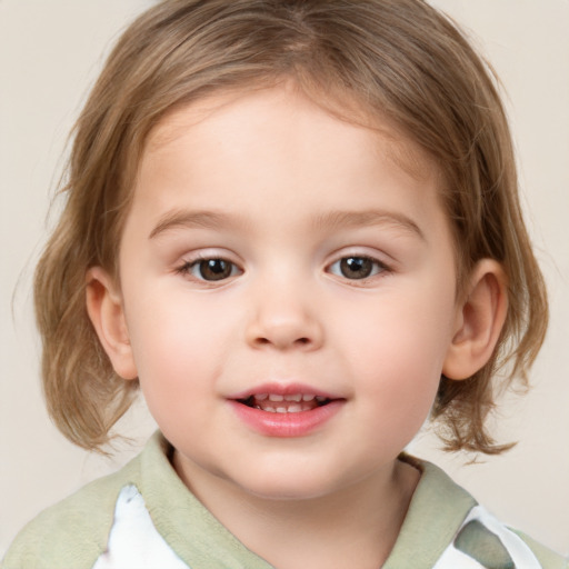 Joyful white child female with medium  brown hair and grey eyes