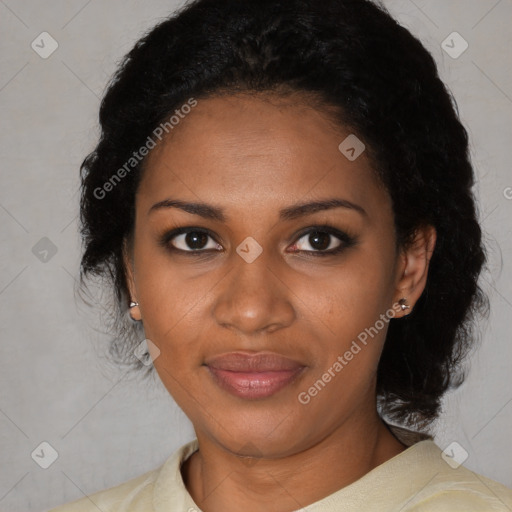 Joyful black young-adult female with medium  black hair and brown eyes