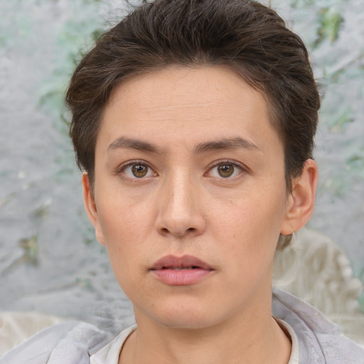Neutral white young-adult female with short  brown hair and brown eyes