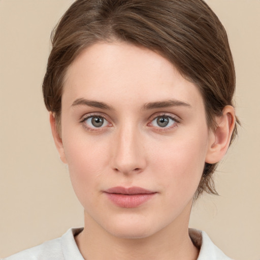 Neutral white young-adult female with medium  brown hair and grey eyes