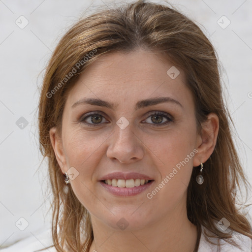 Joyful white young-adult female with long  brown hair and grey eyes