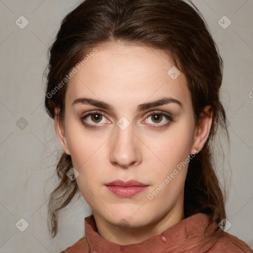 Neutral white young-adult female with medium  brown hair and brown eyes