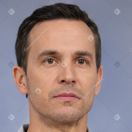 Neutral white adult male with short  brown hair and brown eyes