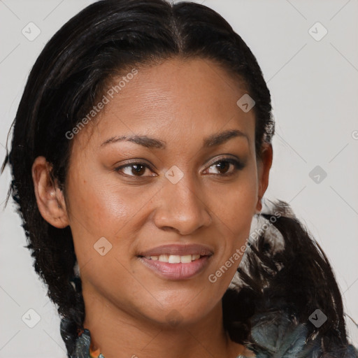 Joyful black young-adult female with medium  brown hair and brown eyes