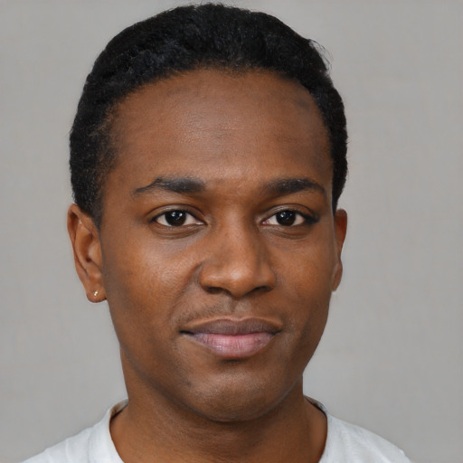 Neutral black young-adult male with short  black hair and brown eyes