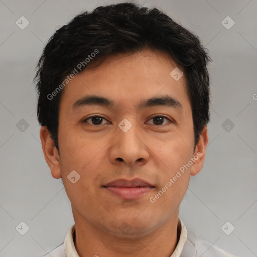 Neutral asian young-adult male with short  brown hair and brown eyes