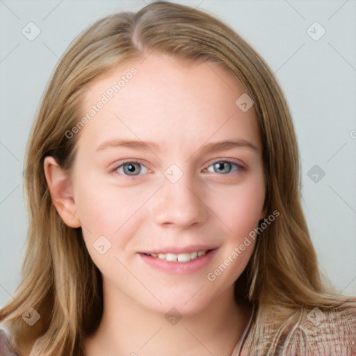 Joyful white young-adult female with long  brown hair and blue eyes