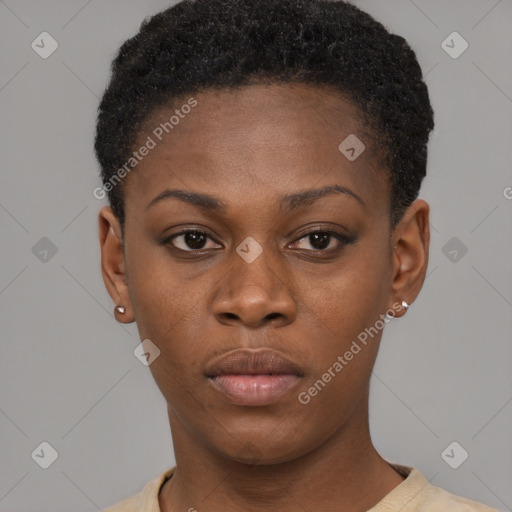 Neutral black young-adult female with short  black hair and brown eyes