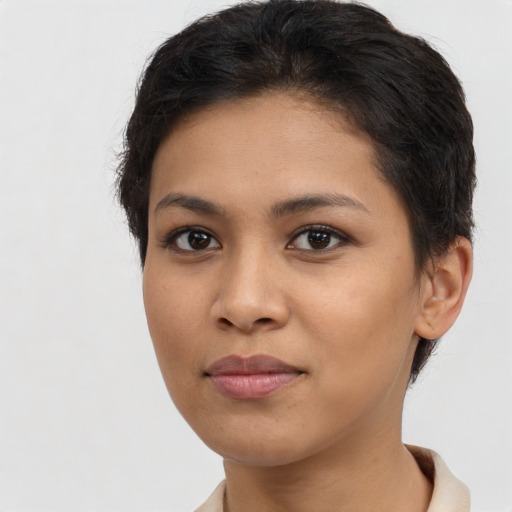 Neutral latino young-adult female with short  brown hair and brown eyes