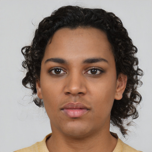 Neutral latino young-adult female with short  black hair and brown eyes
