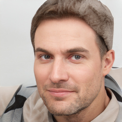 Joyful white adult male with short  brown hair and brown eyes