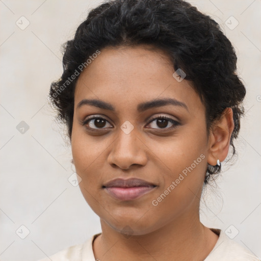 Joyful latino young-adult female with short  brown hair and brown eyes