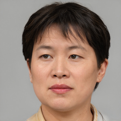 Joyful asian adult female with short  brown hair and brown eyes