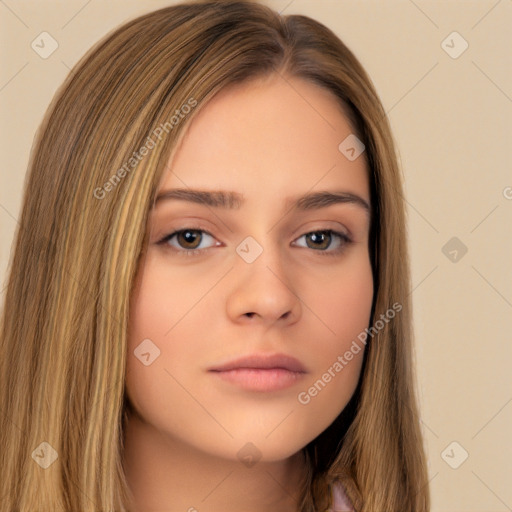 Neutral white young-adult female with long  brown hair and brown eyes