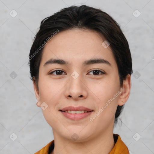 Joyful white young-adult female with short  brown hair and brown eyes