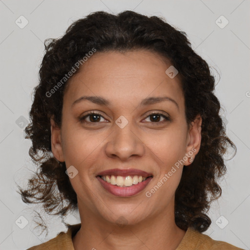 Joyful black young-adult female with medium  brown hair and brown eyes