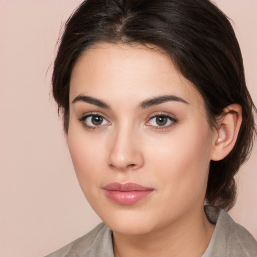 Neutral white young-adult female with medium  brown hair and brown eyes