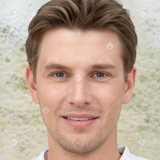 Joyful white young-adult male with short  brown hair and brown eyes