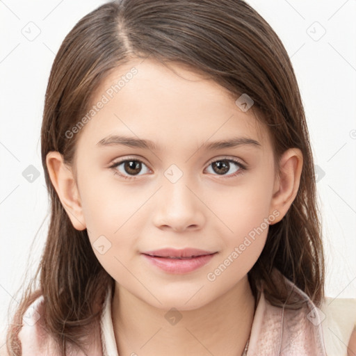 Joyful white child female with medium  brown hair and brown eyes