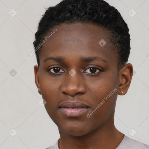 Neutral black young-adult female with short  black hair and brown eyes