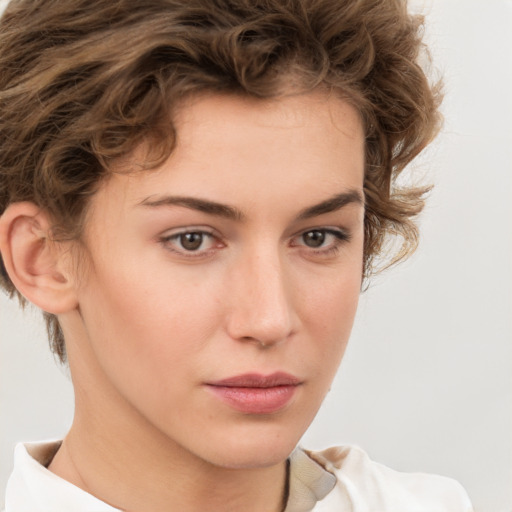 Neutral white young-adult female with short  brown hair and brown eyes