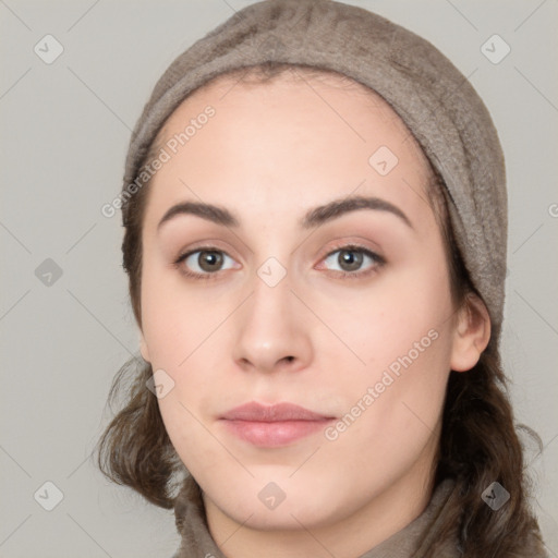 Neutral white young-adult female with long  brown hair and brown eyes