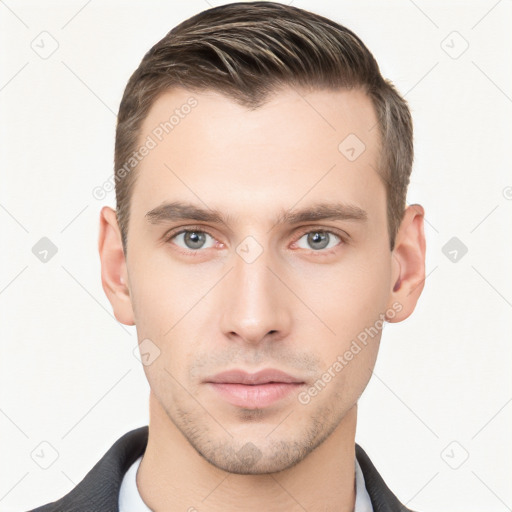 Neutral white young-adult male with short  brown hair and brown eyes