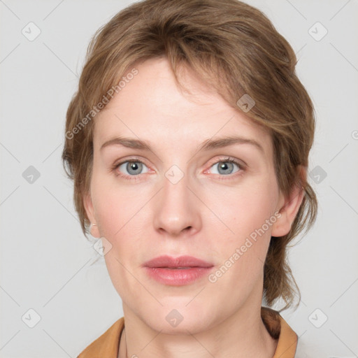 Neutral white young-adult female with medium  brown hair and grey eyes