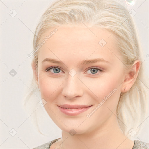 Joyful white young-adult female with medium  brown hair and blue eyes