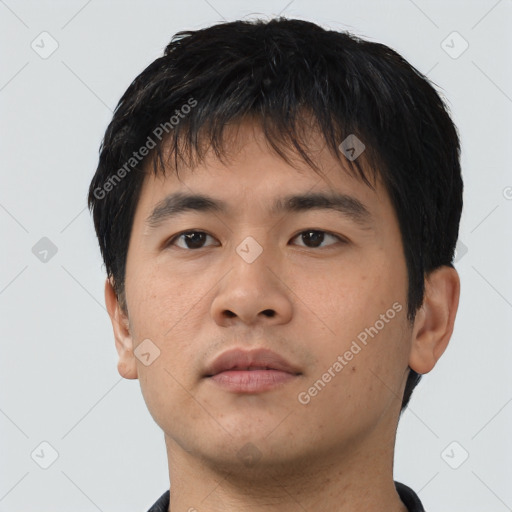 Neutral asian young-adult male with short  brown hair and brown eyes