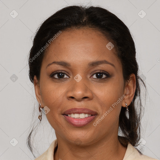 Joyful black young-adult female with medium  brown hair and brown eyes