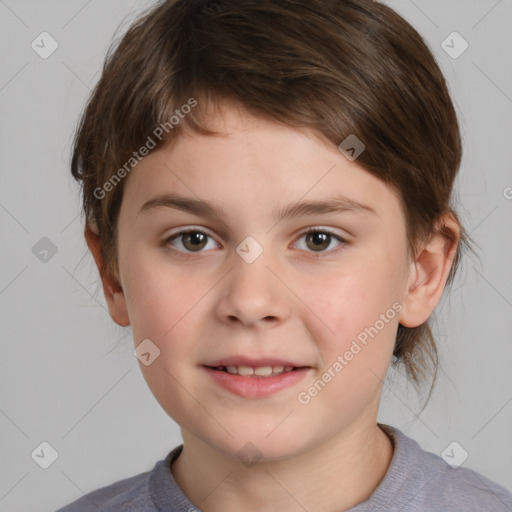 Joyful white child male with medium  brown hair and brown eyes