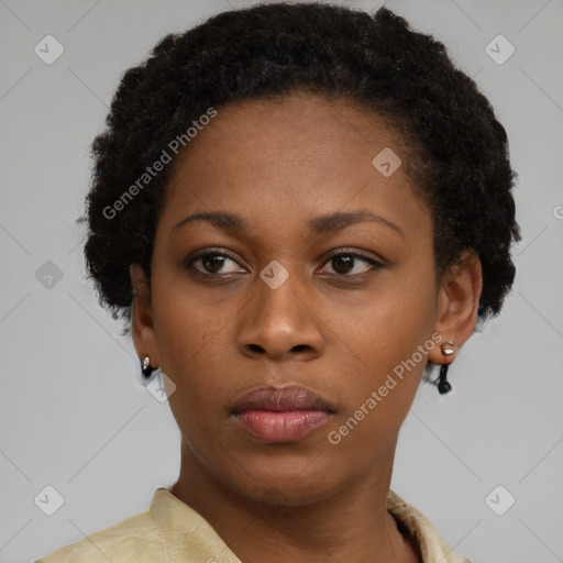 Neutral black young-adult female with short  black hair and brown eyes