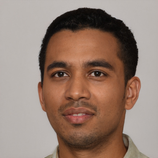Neutral black young-adult male with short  black hair and brown eyes