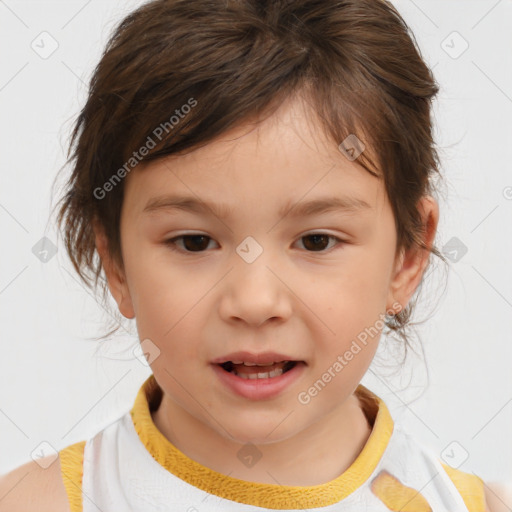 Joyful white child female with medium  brown hair and brown eyes