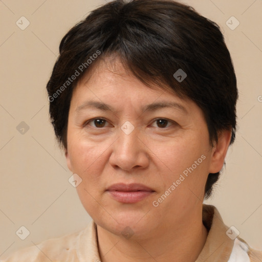 Joyful white adult female with medium  brown hair and brown eyes