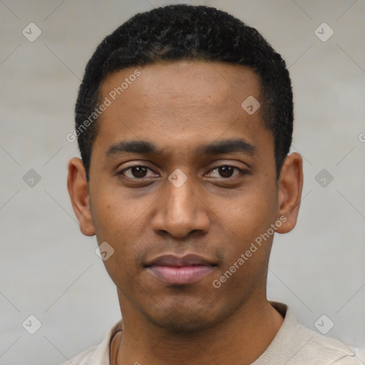 Neutral latino young-adult male with short  black hair and brown eyes