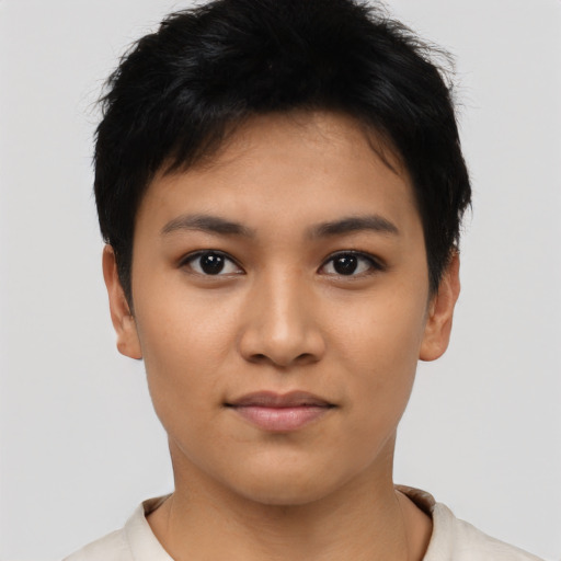 Neutral asian young-adult female with short  black hair and brown eyes